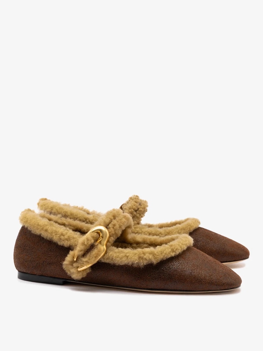 $375 Larroude Verona Ballet Flat Cocoa Leather & Natural Shearling 7.5 NIB NEW